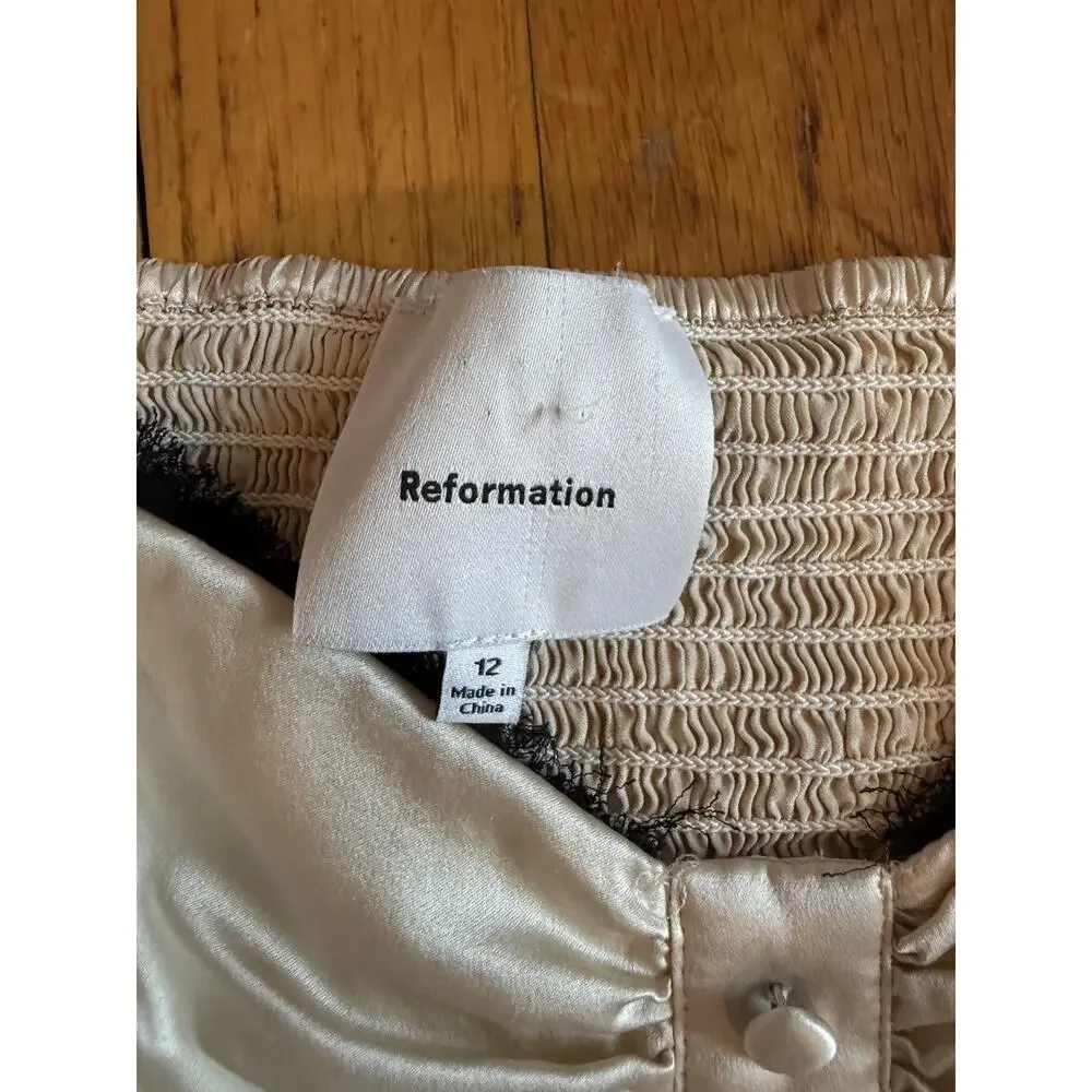 Reformation Womens Blouse sz 12 Beige Silk Puff Sleeve